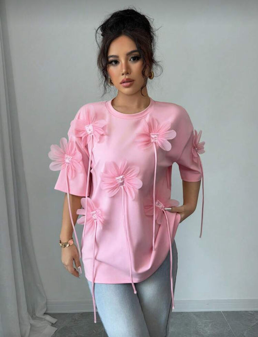 Shein Frech 3D Floral Pink Short Sleeve T Shirt