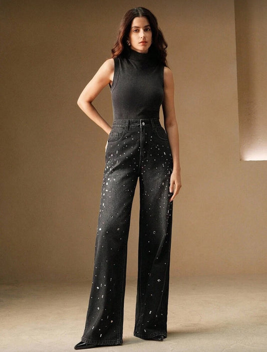SHEIN Rhinestone Black Straight Leg Jeans