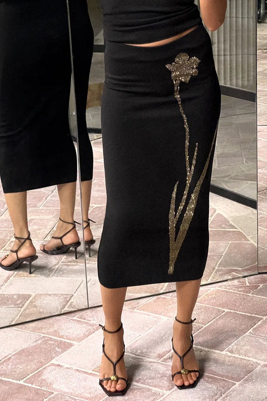 ZARA Strech Knit Skirt With Shimer Detaling -Black