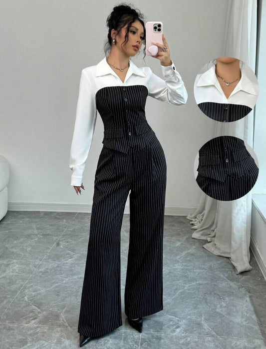 Shein Rafferiza Women Casual Collared Patchwork Striped 2Pcs Outfit