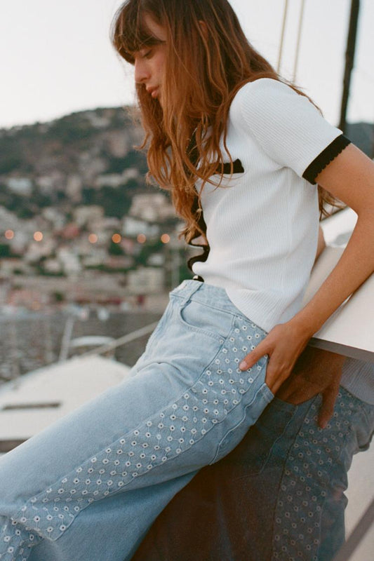 ZARA Wide Leg High Waist jeans With cutwork Embroidery -Mid Blue