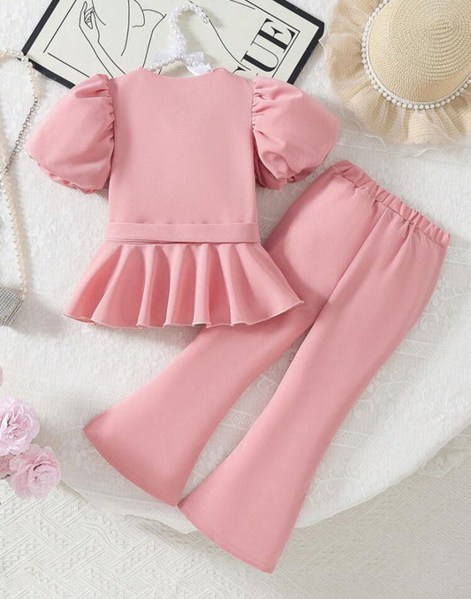 SHEIN Girls Elegent Waist Cinching V Neck Ruffled sleeve