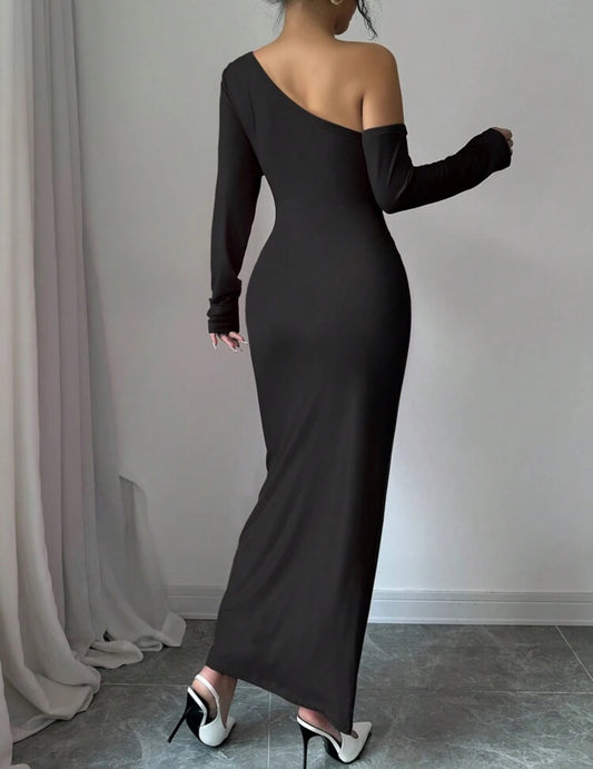 Shein Prive Women Oblique Collar Floral Print Ruched Waist Dress