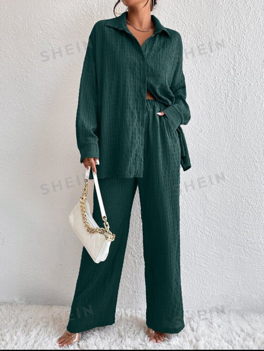 SHEIN Essnce Solid Drop Shoulder Co-ord Set (Green)