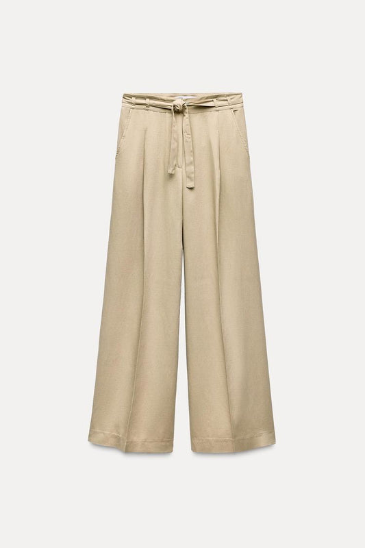 ZARA Wide Leg Trouser With Belt- Mid Camel