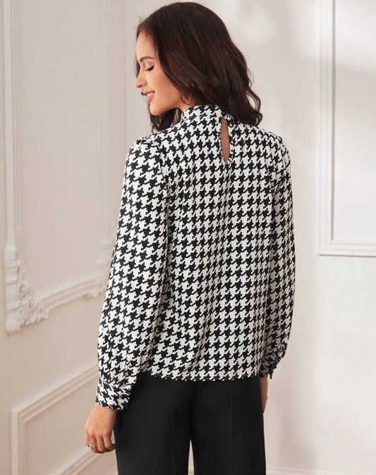 Shein Bizchic Women Black & White Houndstooth Print Bow Tie Shirt