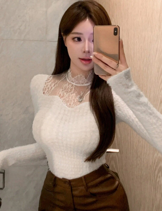 DAZY Women Lace Patchwork Long Sleeve T shirt