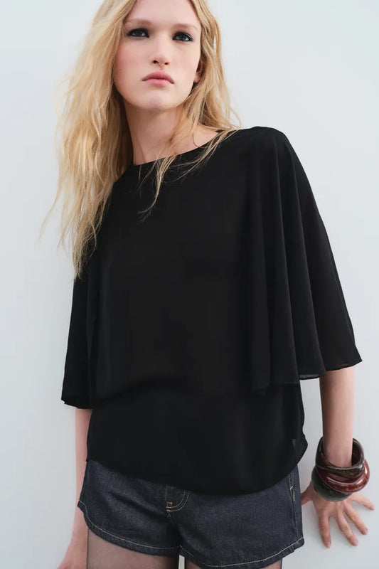 ZARA ZW Collection Flowing Cape Blouse -Black