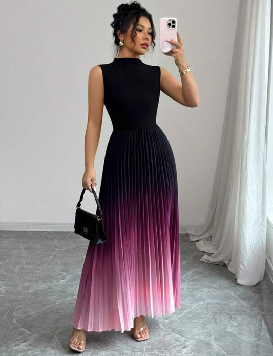Shein Elenzga Elegent Casual Sleeveless Black Patchwork Ombre Pleated Dress