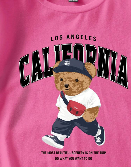 Shein Ez Wear Casual Minimalist Bear Print Round Neck T shirt (Pink)