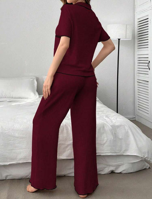 Shein Cherry Embriodery Contrast Trim Short Sleeve Night Suit (Burgundy)