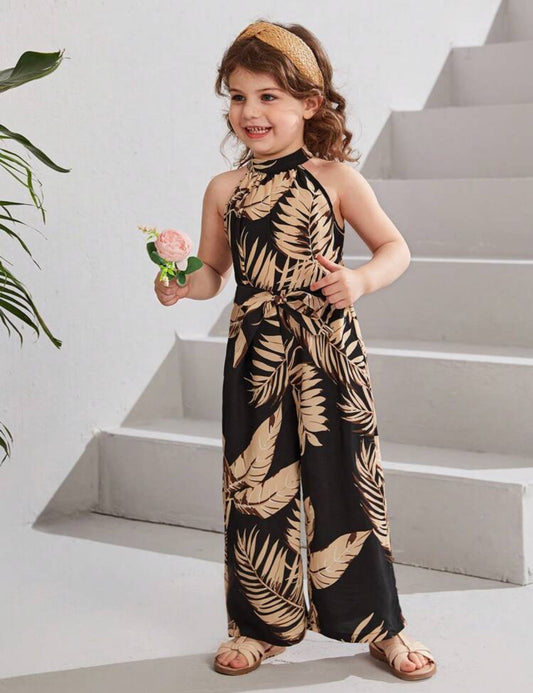 SHEIN Young Girls Tropical print Belted Halter Neck Jumpsuit