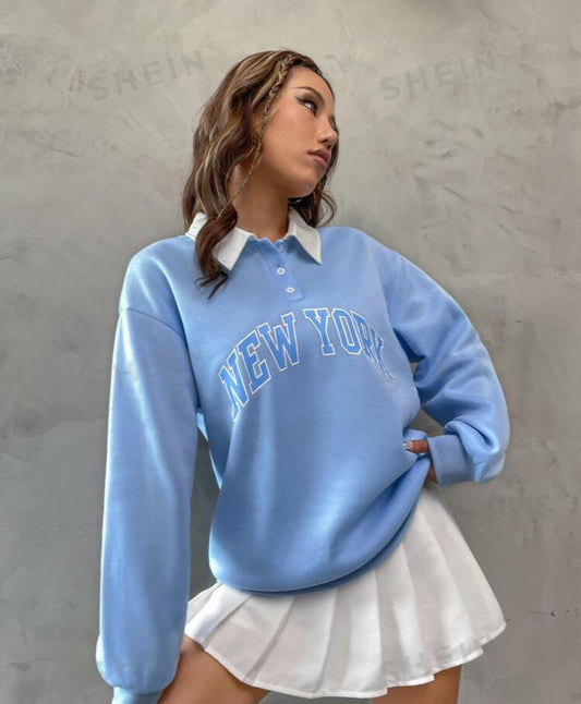 SHEIN Mossta Polo Colar Droo Shoulder Letter Graphic PullOver