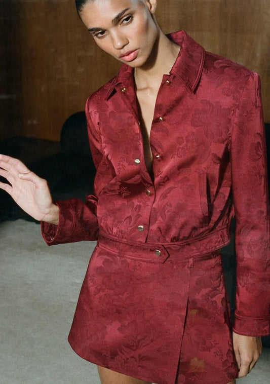 ZARA Jacquard Bomber Jacket-Burgundy