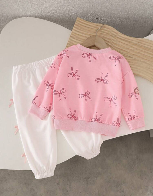 SHEIN Genkmix Kids Baby Girls Pink Bow Décor Sweatshirt & Pant Set