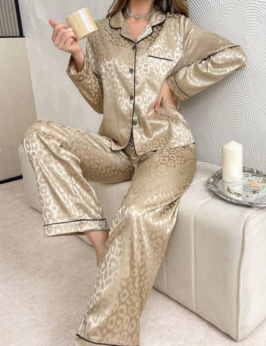 Shein Animal Jacquard Women Pajama Set Champagne Night Suit