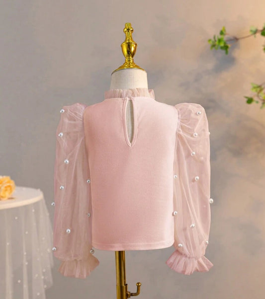 SHEIN Girls Pearl Décor Sheer Sleeve Stand collar Casual Blouse