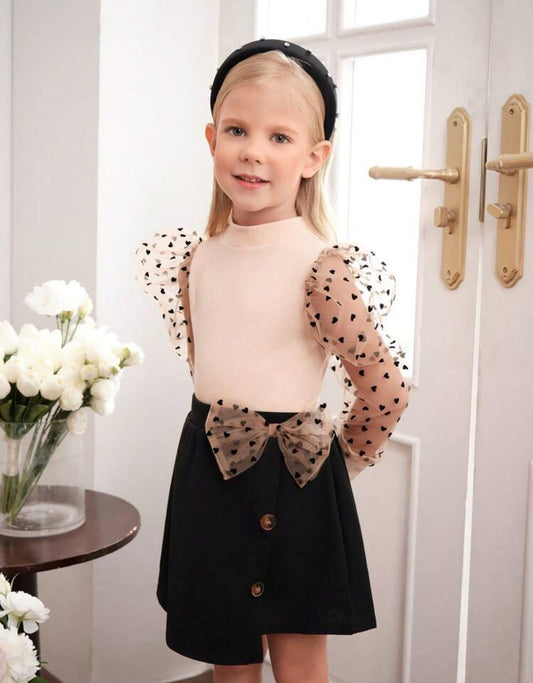 SHEIN Young Girls Contrast Doby Mesh Puff Sleeve Top Multicolor