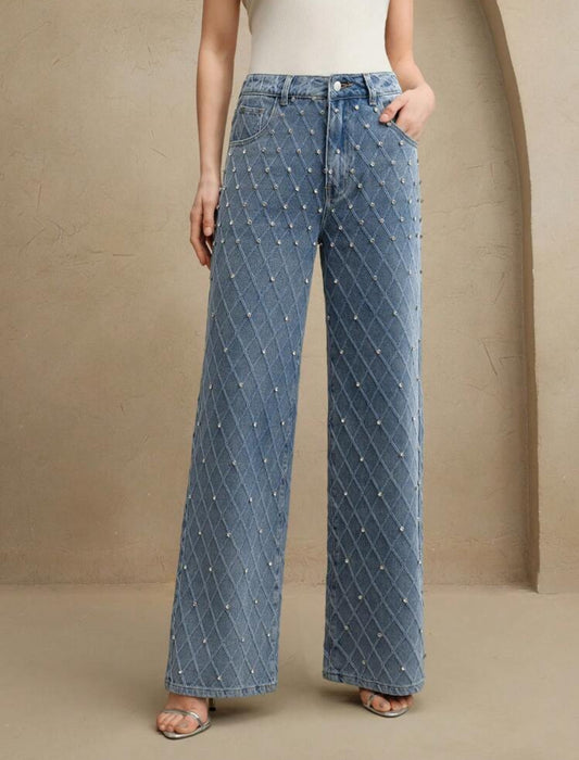 Shein Anewsta Women Fashion Beaded Luxury Straight Leg Jeans