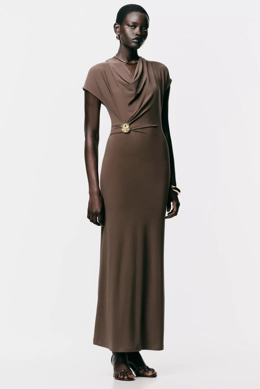 Zara Draped Dress With Hardware Brown