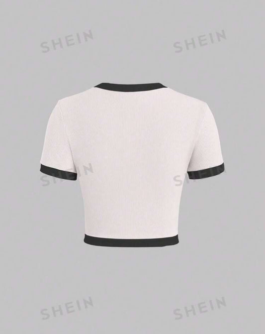 SHEIN Mod Women Contrast Color Buon Décor Lace Up Round Neck