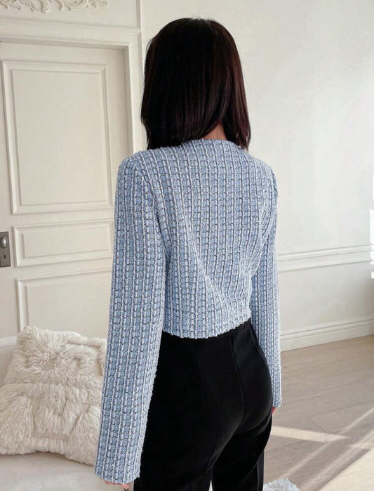 SHEIN Dazy Plaid Patteren Short Round Neckline Open Front Long Sleeve Shirt