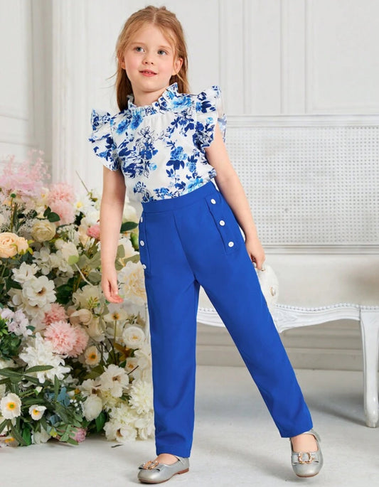 SHEIN Young Girls Floral Print uffle Trim Blouse & Pant Set