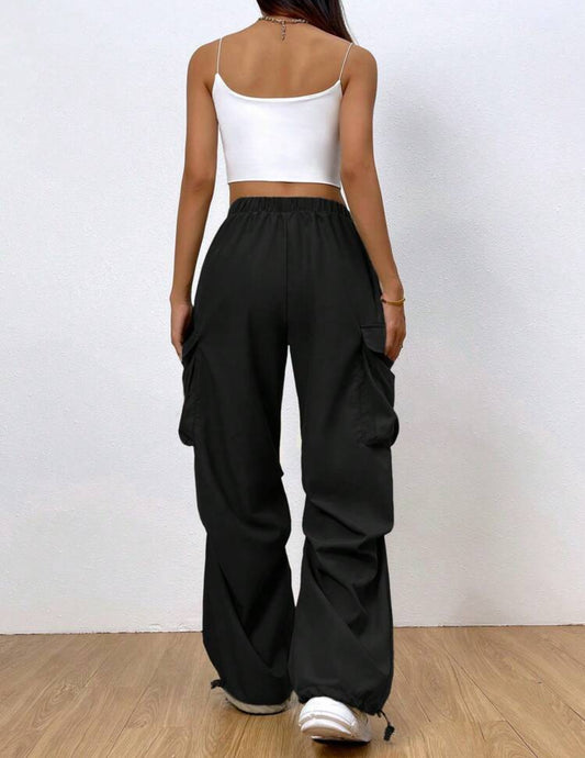 Shein EZ Wear Women Pocket Side Drawstring Hem Cargo Pant (Black)