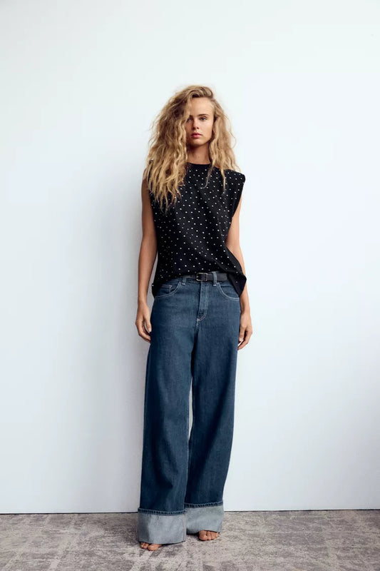 ZARA T-Shirt With Padded Shoulder & Rhinestones -Black