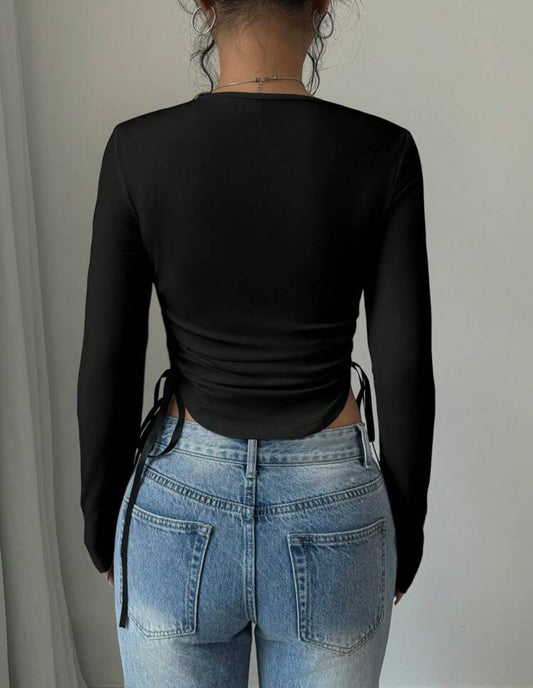 Shein ChicEase Women Solid Color Bow Tie Drawstring T Shirt