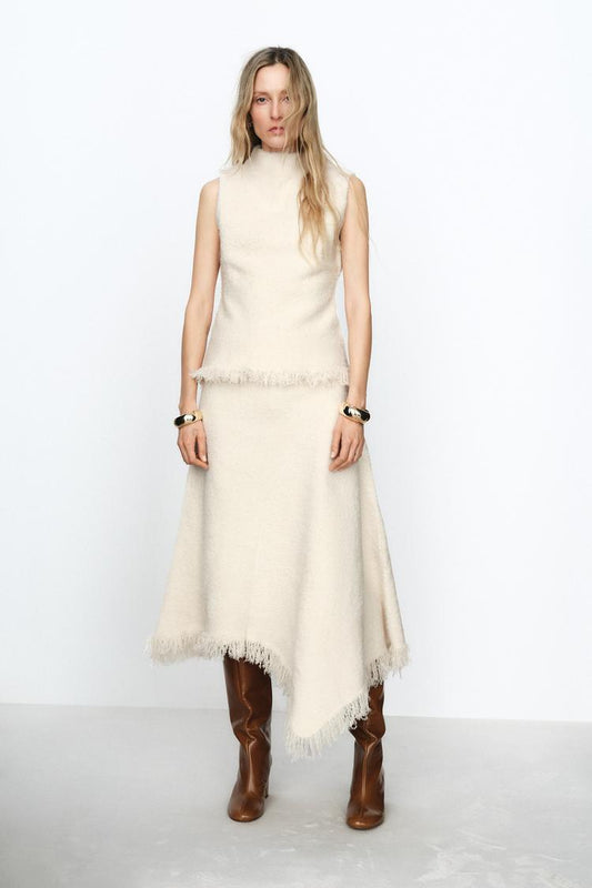 ZARA Fringed knit top-Ecru