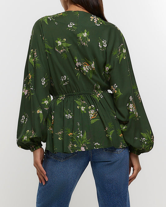 River Island Green floral wrap blouse