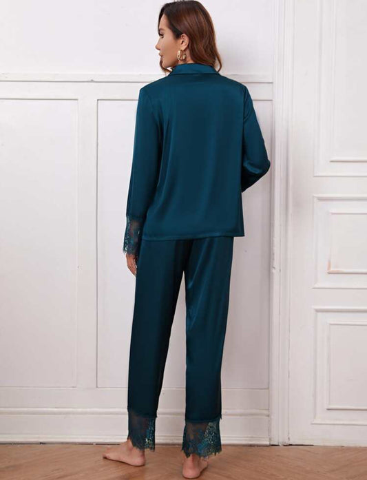 Shein Lace Panel Lapel Collar Satin Pajama Set (Blue)
