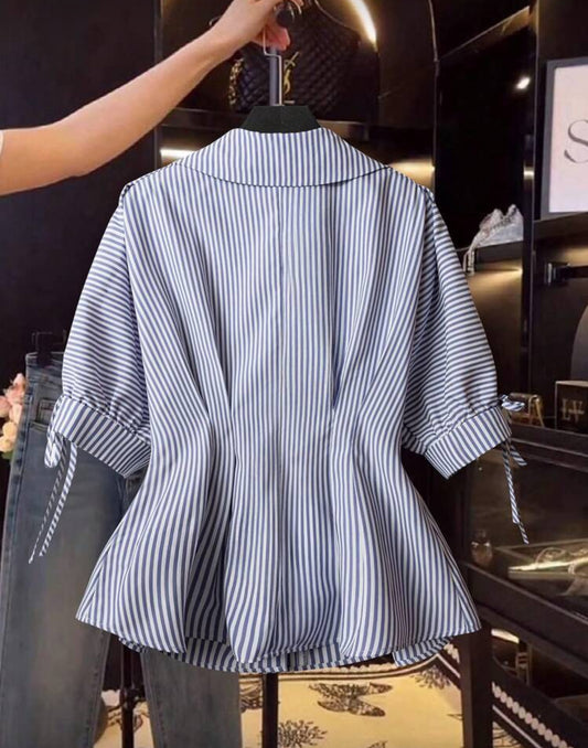 Shein Short Sleeve Blouse Striped Shirt Blue