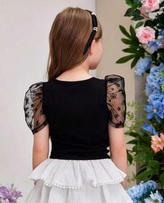 SHEIN Young Girls Round Neck Knitted Neck T shirt With Mesh