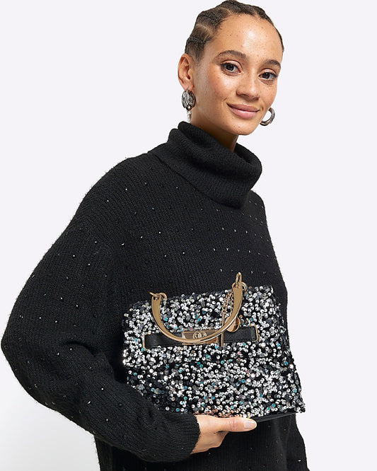 River Island Black sequin chain strap tote bag