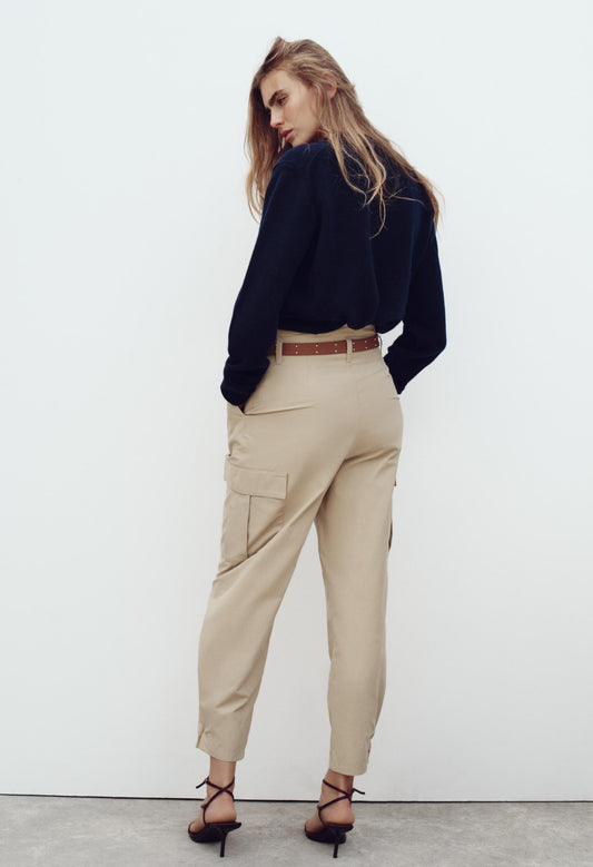 ZARA Belted Paper Bag Cargo Trouser -Light Khaki