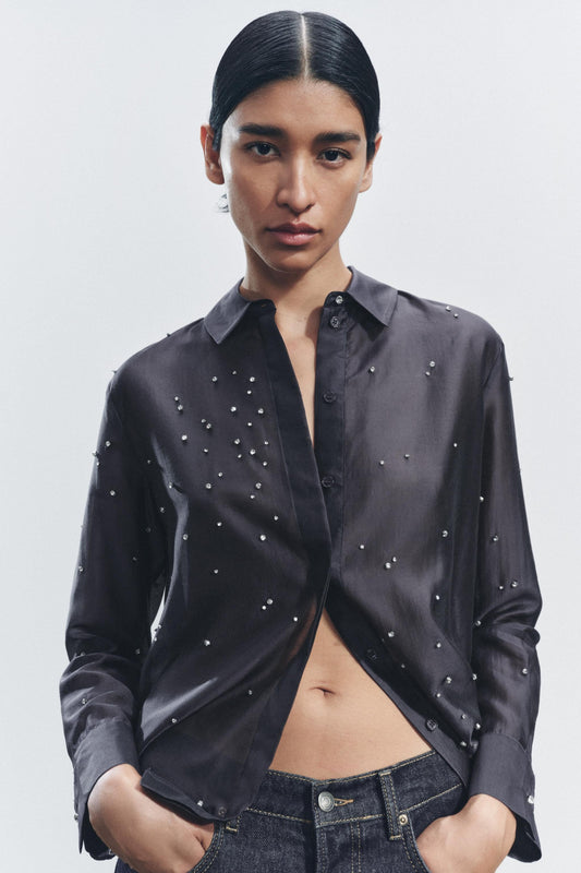 ZARA ZW Collection Embroided Shirt With Jewels-Dark Grey