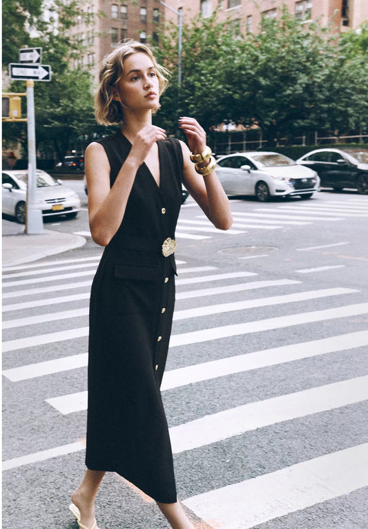 Zara Belted Crepe Midi Dress Black