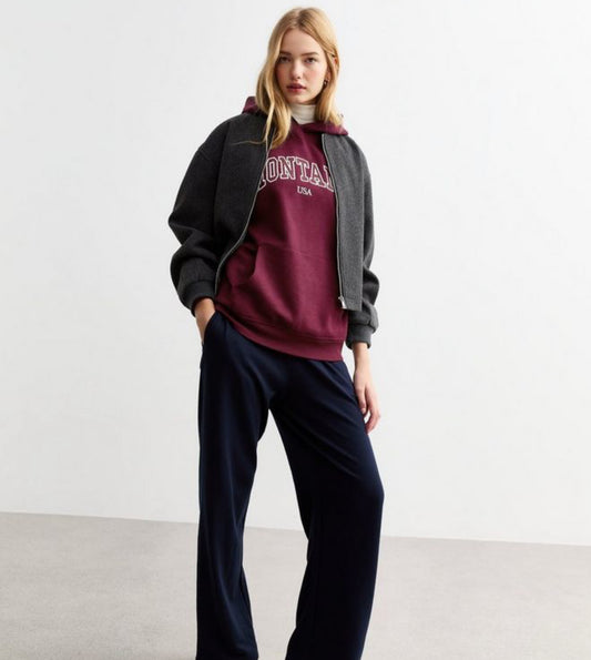 NEW LOOK Burgundy Montana Embroided Jersey Hoodie
