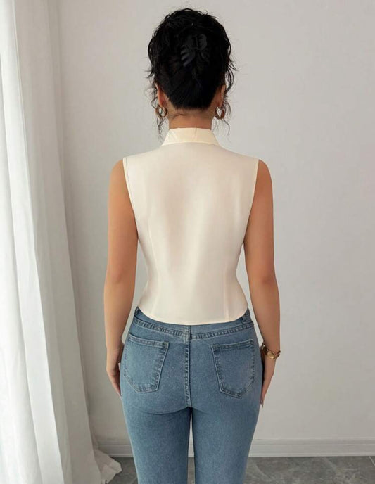 Shein Single Button Sleeveless Beaded Shirt