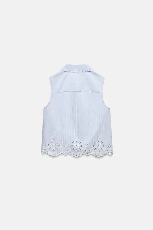 ZARA Short Shirt With CutWork Embroidery - Blue/White