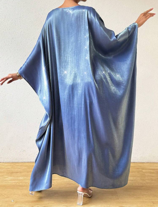 Shein Raffnea Women Round Neck Batwing Sleeve Solid Color Loose- Blue