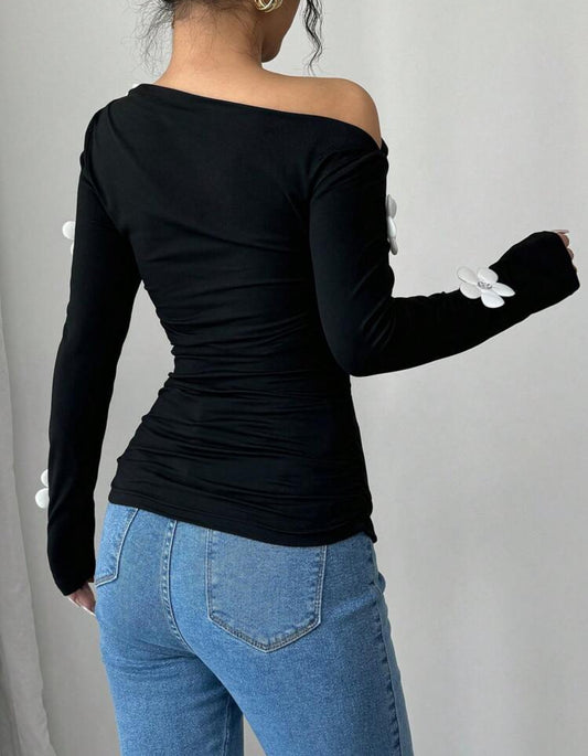 Shein Raffinea Womens Fashion Floral Print One Shoulder Long Sleeve Shirt