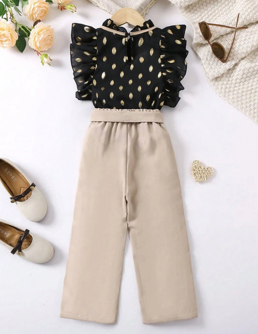 SHEIN Young Girls Gold Print Cap Sleeve Top And Pant Set