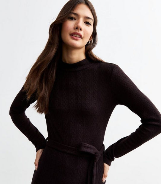 NEW LOOK Black Cable Jersey Belted Midi Dress