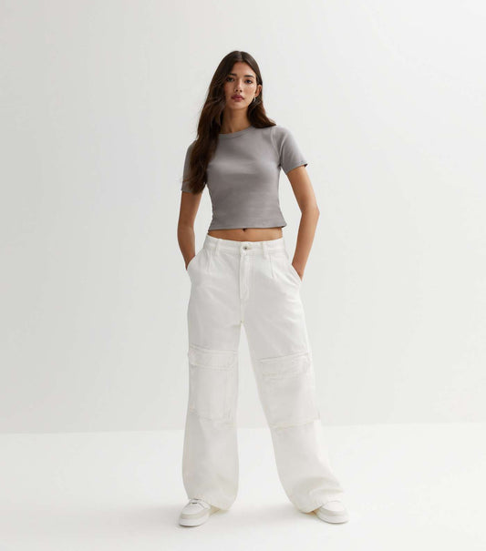 New Look Grey Cotton Short Sleeve Crop T-Shirt (UK size)