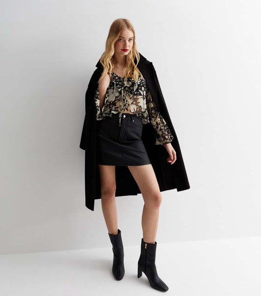 New Look Black Floral Chiffon Ruffle Neck Shirt
