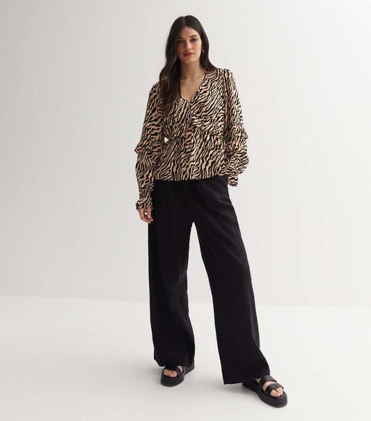 New Look Off White Zebra Print Frill V Neck Peplum Top