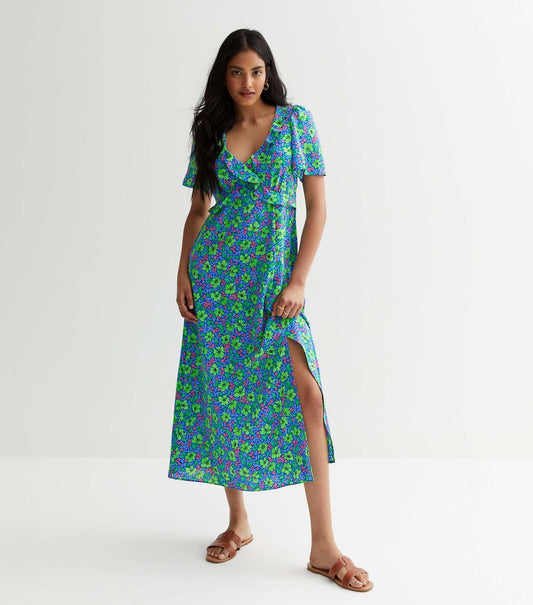 New Look Blue Floral Ruffle Midaxi Dress (UK size)